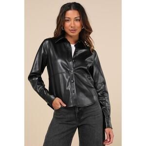 Lulus Polished Attitude Black Vegan Leather Button-up Top - Size S